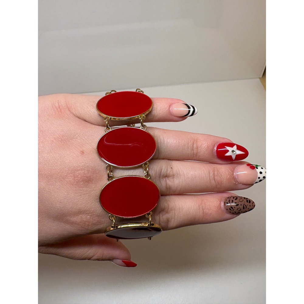 C Logo Reversible Red and Black Enamel Gold Tone Oval Link Bracelet